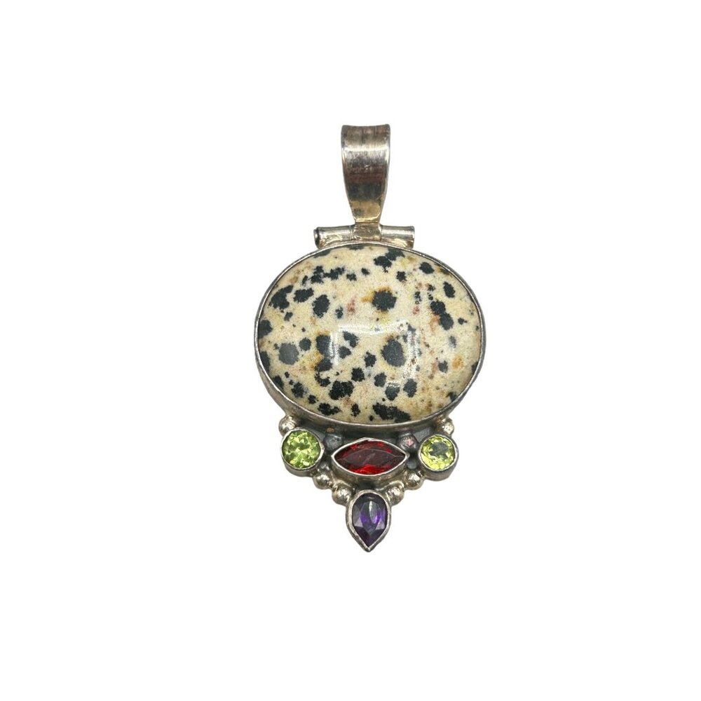 Vintage Dalmatian Jasper & Gemstone Pendant Sterling Silver 925 Black White